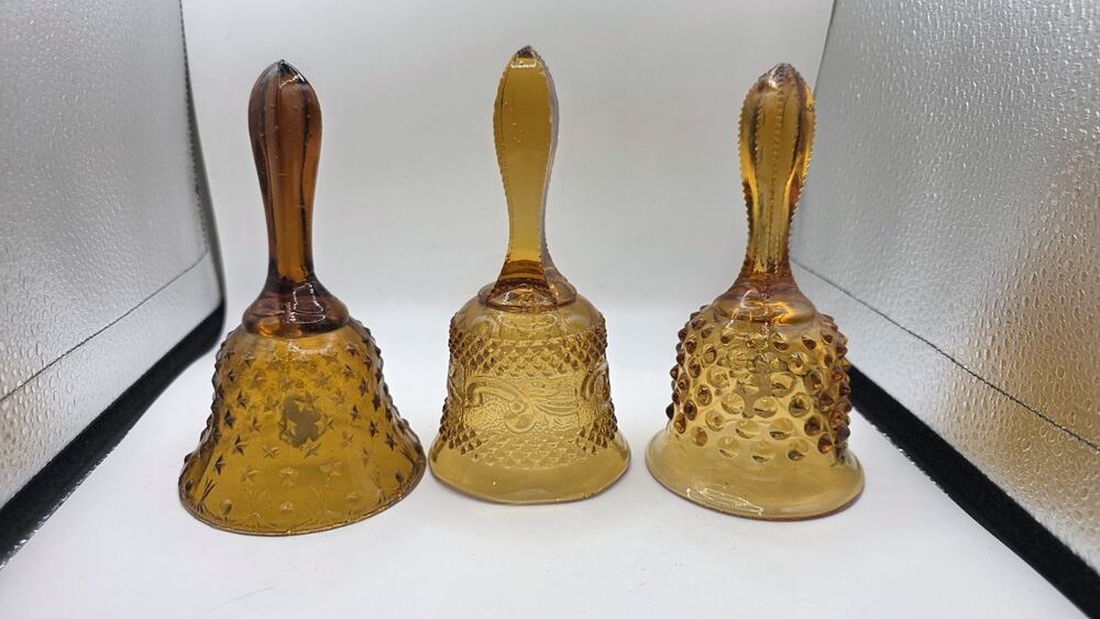 *INSTANT COLLECTION* 3 Honey AMBER Full Size GLASS BELLS: DIFFERENT Designs